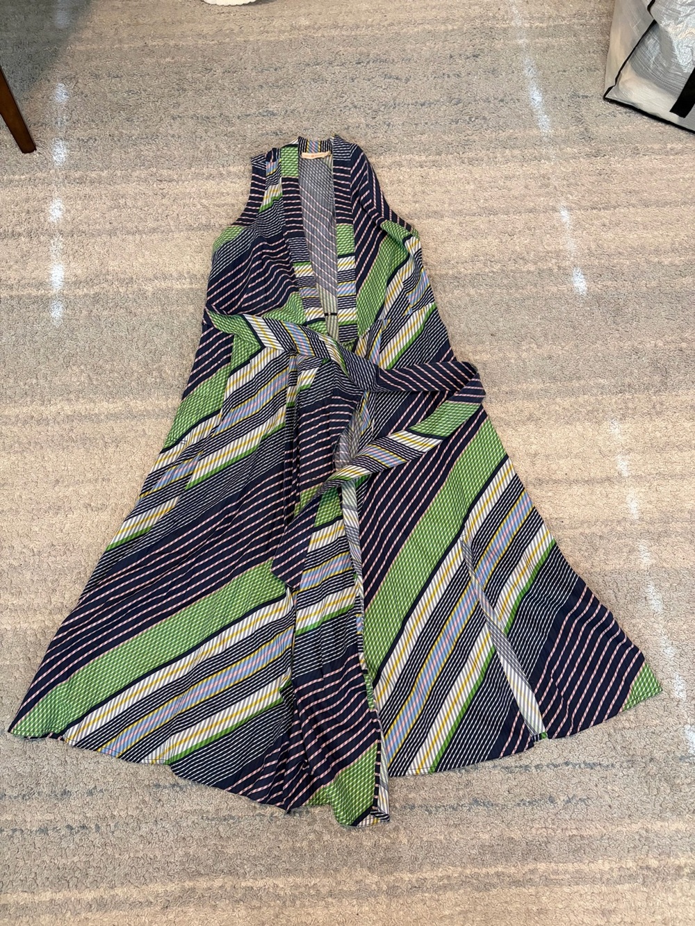 Tory Burch Size 12 Striped Wrap Midi Dress Sleeveless Belted Multicolor Navy Gre